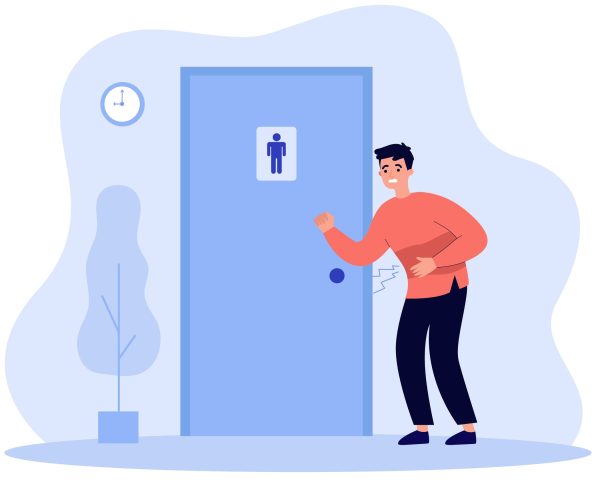 Cartoon shows a man with bowel trouble trying to find a bathroom urgently.